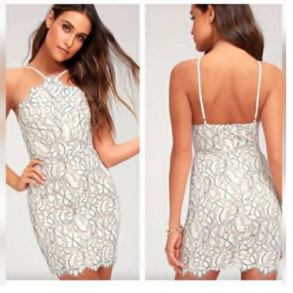 Lulu's Delicate Darling Beige and Ivory Lace‎ Bodycon Mini Dress Size Small